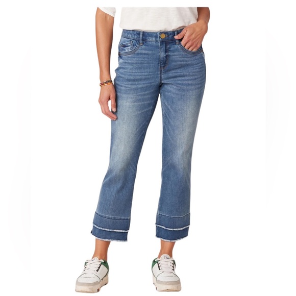 Democracy Ab"solution Mid Blue Kick Flare Jeans with Double Layer Fray Hem - Picture 1 of 8